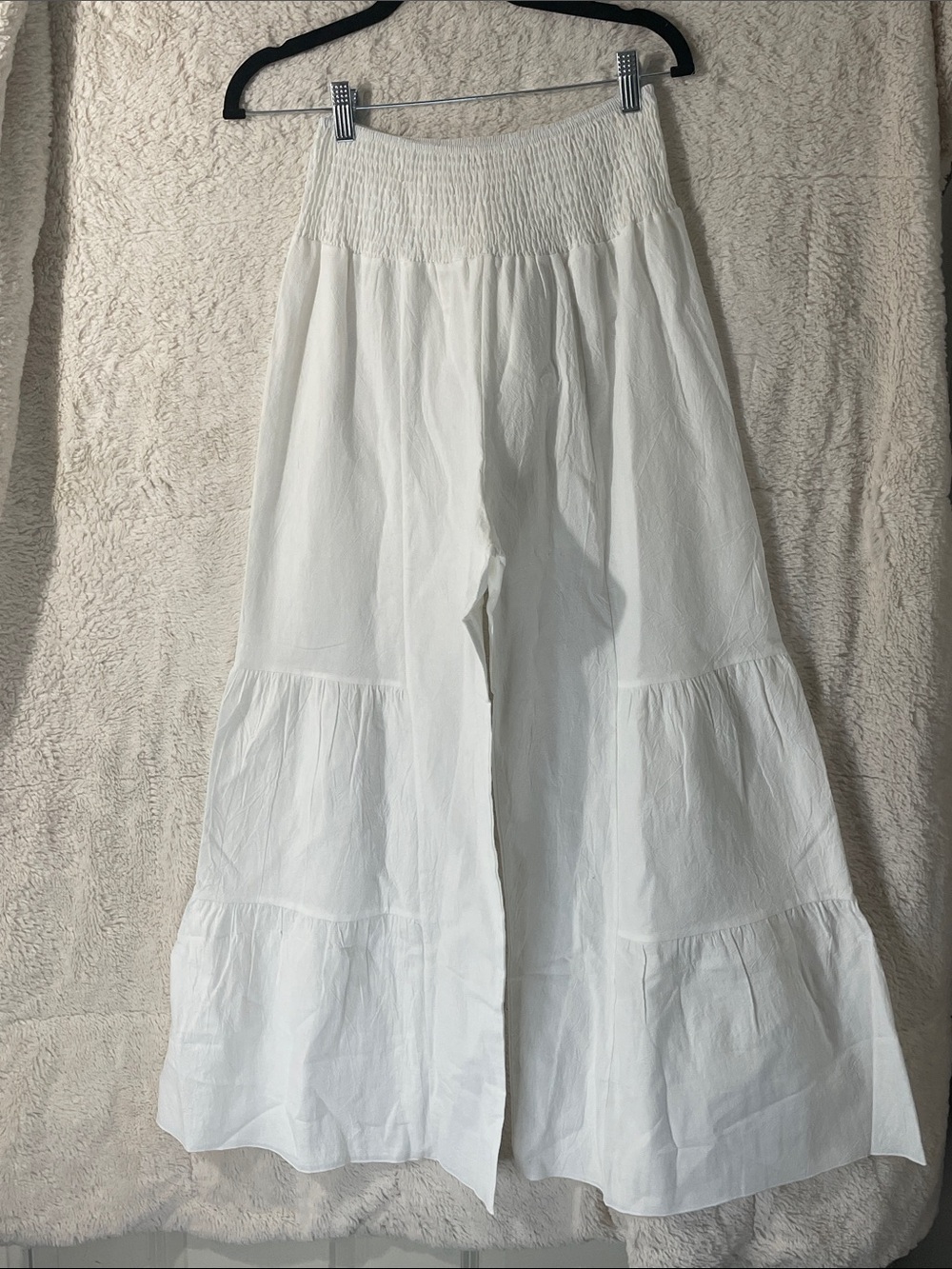 TFY Collection White Wide-Leg Tiered Pants with Smocked Waist